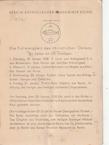 [Ansichtskarte] 5000 KÖLN, Verein Katholischer Akademiker Kölns,  4-teiliger Zyklus 1938 "Die Frömmigkeit des christlichen Ostens". 