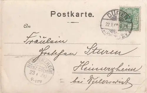 [Ansichtskarte] 5160 DÜREN, Marktplatz, Kaiser Wilhelm Denkmal, Folienkarte 1900,  nach Heimerzheim verschickt, Druckstellen. 