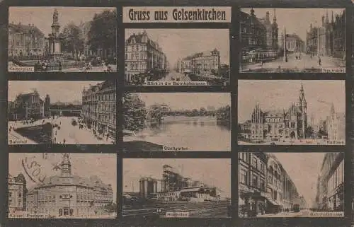 [Ansichtskarte] 4650 GELSENKIRCHEN, Gruss aus..., Kaiserplatz, Bahnhof, Postamt, Bahnhofstrasse.... 1924. 