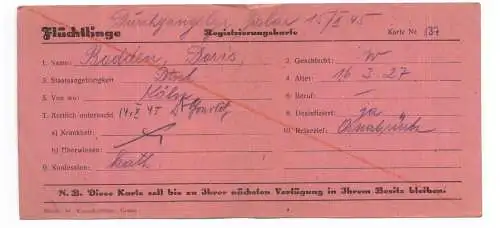 KÖLN Flüchtlings - Registrierungskarte 1945