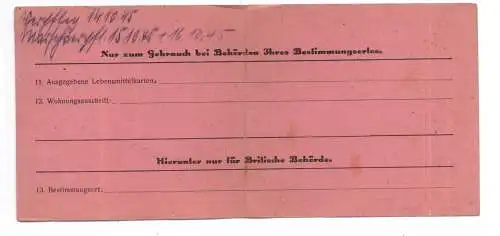 KÖLN Flüchtlings - Registrierungskarte 1945