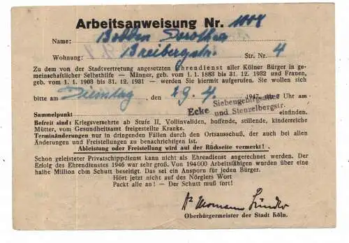 KÖLN EHRENDIENST BESCHEINIGUNG 1947