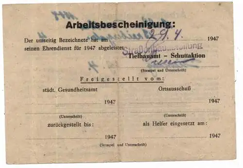 KÖLN EHRENDIENST BESCHEINIGUNG 1947