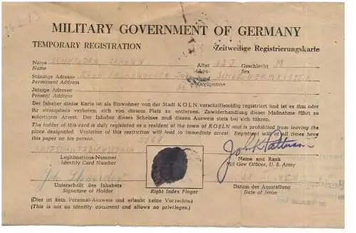 KÖLN Zeitweilige Registrierungskarte März1945