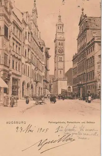 [Ansichtskarte] 8900 AUGSBURG, Polizeigebäude, Perlachturm, Rathaus, belebte Szene, 1905. 