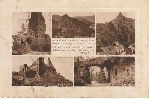 [Ansichtskarte] 5486 ALTENAHR, Grauer Turm, Burg Are, Burgkapelle, Vorburg, Weisses Kreuz, 1928. 