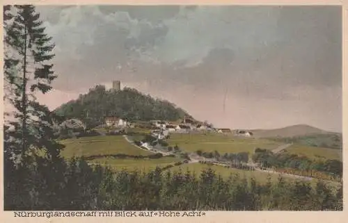 [Ansichtskarte] 5488 ADENAU, Nürburglandschaft mit Blick auf die "Hohe Acht", Nürburgring Werbestempel, coloriert 1928. 