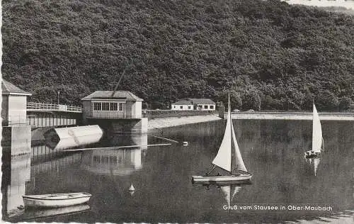 [Ansichtskarte] 5166 KREUZAU - OBERMAUBACH, Restaurant am Stausee, Segelboote, 1963. 