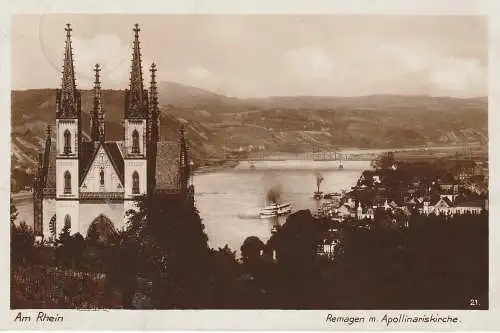 [Ansichtskarte] 5480 REMAGEN, Remageb, Apollinariskirche, Brücke von Remagen, 1928, Verlag Kratz # 21. 