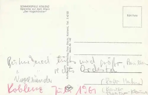 [Ansichtskarte] 540 KOBLENZ, Sommerspiele 1961, "Der Vogelhändler". 