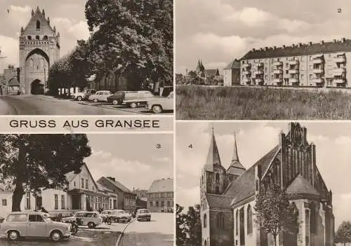 [Ansichtskarte] 0-1430 GRANSEE, Ruppiner Tor, Strasse des Friedens, Gesellschaftshaus, Trabbis, St. Marienkirche. 