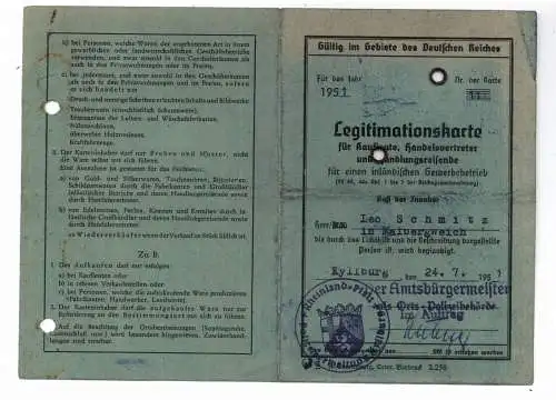 Legitimationskarte  für Kaufleute, Handelsvertreter und Handlungsreisende, 1951 Kyllburg