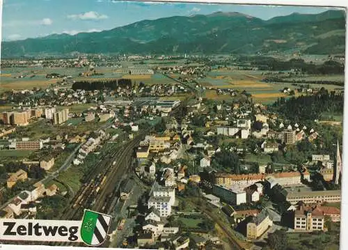[Ansichtskarte] A 8740 ZELTWEG, Luftaufnahme, Stadtwappen. 