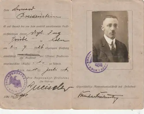 FÜHRERSCHEIN / DRIVER'S LICENCE / MOTORRAD - Köln 1926