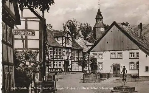 [Ansichtskarte] 4938 SCHIEDER - SCHWALENBERG, Untere Strasse, Roland - Brunnen, 1959. 