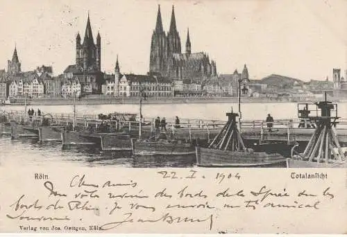 [Ansichtskarte] 5000 KÖLN, Schiffsbrücke, Bahnpost Aachen - Holzminden, 1904. 