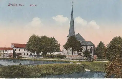 [Ansichtskarte] 5166 KREUZAU - DROVE, Kirche, Dorfweiher und Umgebung, 1921. 