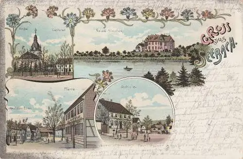 [Ansichtskarte] 0-5700 MÜHLHAUSEN - SEEBACH, Lithographie 1902, Schule, Pfarre, Kirche, Neues Kloster. 