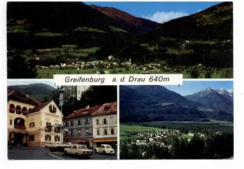 [Ansichtskarte] A 9761 GREIFENBERG, von Süden, Stadtplatz / FIAT / VW - Käfer, mit dem Jauken. 