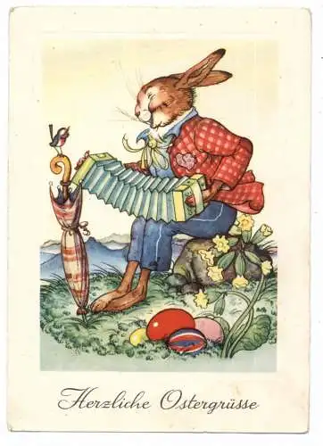 [Ansichtskarte] OSTERN - Bandoneon spielender hase. 