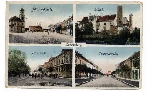 [Ansichtskarte] BÖHMEN & MÄHREN - LUNDENBURG / BRECLAV, Masarykplatz, Parkstrasse, Palackystrasse, Schloß, kl. Druckstelle. 