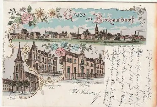 [Ansichtskarte] 5160 DÜREN - BIRKESDORF, Lithographie 1900, Hospital Wilhelm Schütt Stiftung, Bürgermeister Amt, Gesamtansicht. 