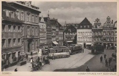 [Ansichtskarte] 5160 DÜREN, Marktplatz, Strassenbahnen, belebte Szene, 1931. 