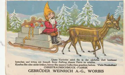 [Ansichtskarte] WEIHNACHTEN - Christbaumschmuck - Fabrik Gebr. Weinrich Worbis, Zwerg auf Schlitten. 