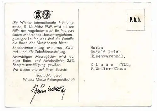 [Ansichtskarte] A 1000, Messepalast Reiterstandbild Prinz Eugen, Einladungskarte zur Internationalen Frühjahrsmesse 1959. 