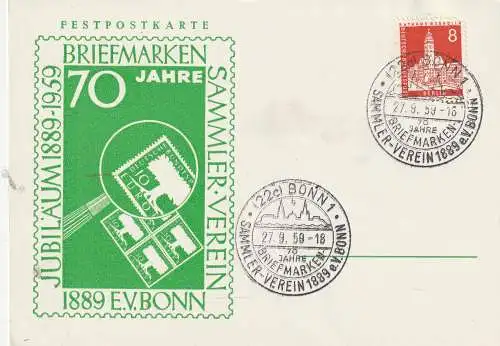 [Ansichtskarte] 5300 BONN, Sonderpostkarte 70 Jahre Briefmarken Sammler Verein Bonn von 1889, 1959. 