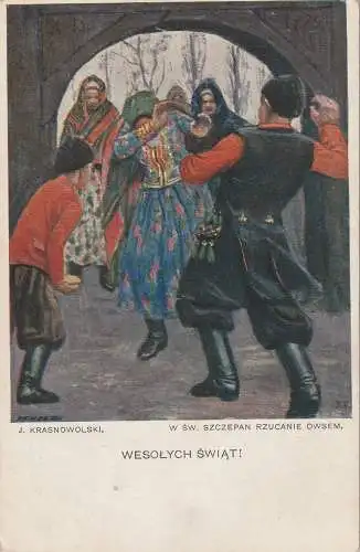 [Ansichtskarte] WEIHNACHTEN - WESOLYCH SWIAT, "Sczepan wirft Hafer", Künstler-Karte Krasnowolski 1909. 