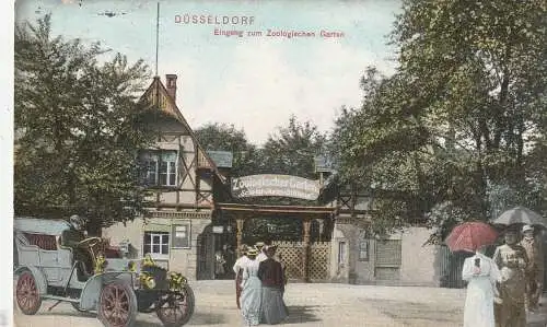 [Ansichtskarte] 4000 DÜSSELDORF, Eingang zum Zoologischen Garten, Oldtimer, 1909. 