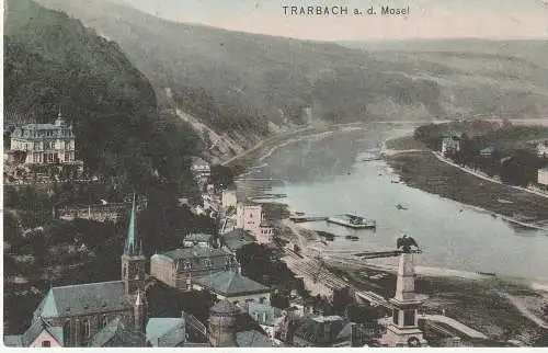 [Ansichtskarte] 5580 TRABEN - TRARBACH, Blick auf den Ort, Moselbadeanstalt, Bahnhof, coloriert, 1908, Verlag Ullmann. 