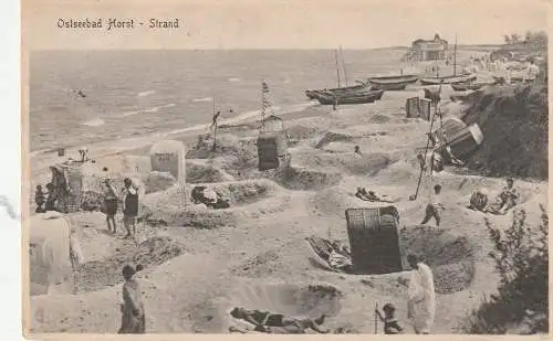 [Ansichtskarte] POMMERN - SEEBAD HRST / NIECHORZE, Strand, Strandkörbe / Sandburgen/ Fischerboote / Strandsteg, Verlag Wiese. 