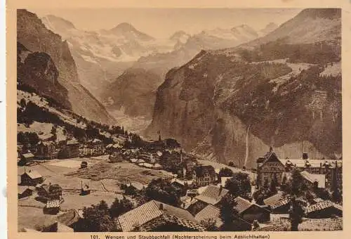 [Ansichtskarte] CH 3823 WENGEN BE, Wengen und Staubachfall, Halt gegen Licht / Hold to Light. 