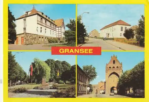 [Ansichtskarte] 0-1430 GRANSEE, Kreiskrankenhaus, Seelenbinder - Oberschule, Ruppiner Tor, Platz der Opfer des Faschismus, 1983. 