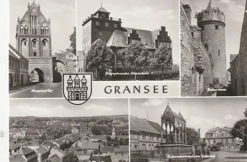 [Ansichtskarte] 0-1430 GRANSEE, Poytechnische Oberschule, Ruppiner Tor, Pulverturm, Luisendenkmal, Gesamtansicht, Stadtwappen, 1974. 