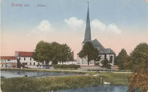 [Ansichtskarte] 5166 KREUZAU - DROVE, Kirche, Dorfweiher und Umgebung, 1920, Verlag Peters. 