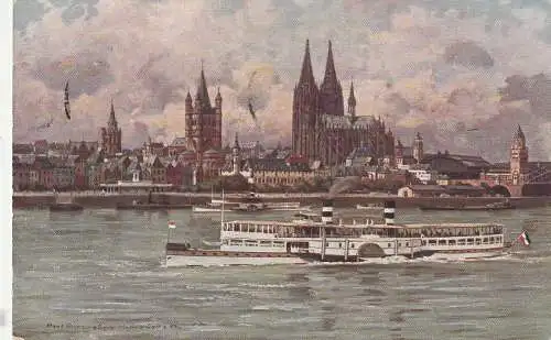 [Ansichtskarte] BINNENSCHIFFE - RHEIN- "Dampfschiffahrt auf dem Rhein", Künstler-Karte Paul Pützhofen - Hambüchen, KD - Dampfer vor Köln. 