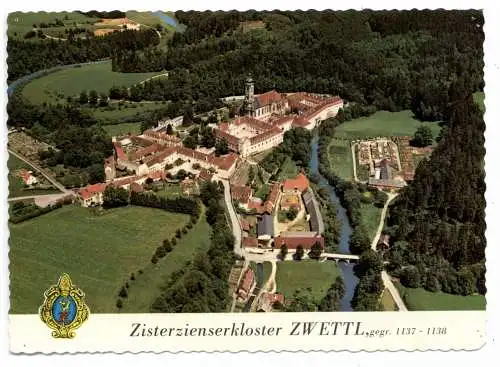 [Ansichtskarte] A 3622 ZWETTL, Zisterzienserkloster,  Luftaufnahme, Wappen. 