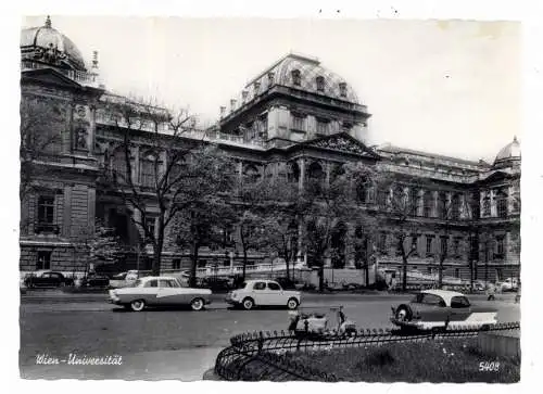 [Ansichtskarte] A 1000 WIEN, Universität, Oldtimer - NASH Metropolitan, FIAT 1100, FORD TAUNUS 12M, Motorroller. 