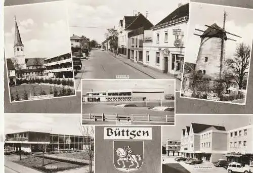 [Ansichtskarte] 4044 KAARST - BÜTTGEN, Bahnstasse, Alte Windmühle, Rathausplatz, Sparkasse, Pfarrkirche, Sportzentrum, Stastwappen. 