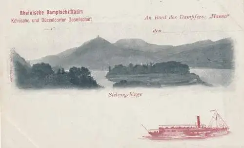 [Ansichtskarte] BINNENSCHIFFE - RHEIN, Köln - Düsseldorfer "HANSA", Insel Nonnenwerth, KD - Werbekarte, ca. 1905. 