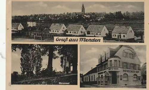 [Ansichtskarte] 5205 SANKT AUGUSTIN - MENDEN, Gasthof Mendener Hof, Ehrenmal, Blick auf den Ort vom Sportplatz, Feldpost 1940. 