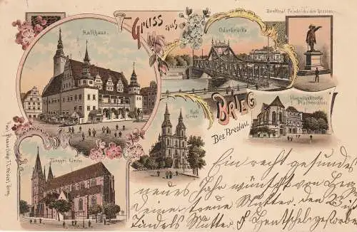 [Ansichtskarte] OBER - SCHLESIEN, BRIEG / BRZEG, Lithographie 1899, Hedwigskirche / Piastenschloss, Denkmal Friedrich des Großen, Oderbrücke, Evangelische Kirche, Rathaus, Verlag Plesse. 