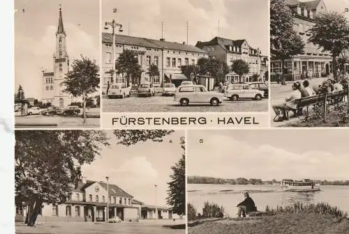 [Ansichtskarte] 0-1433 FÜRSTENBERG, Bahnhof, Marktplatz, Thälmann - Platz, Haveldampfer, 1974. 