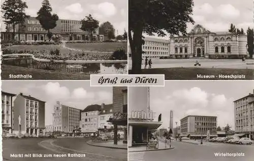 [Ansichtskarte] 5160 DÜREN, Wirteltorplatz mit KAUFHOF, Markt, Stadthalle, Museum, 1959. 