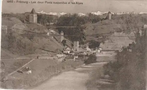 [Ansichtskarte] CH 1700 FREIBURG FR, Blick auf die zwei Brücken und die Alpen, 1909, Verlag Burgy. 