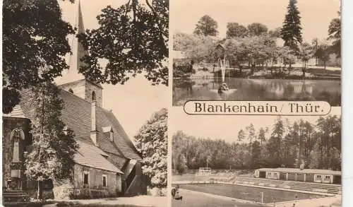 [Ansichtskarte] 0-5304 BLANKENHAIN, Freibad, Denkmal vor der Stradtkirche, Teich, 1966. 