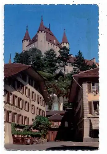 [Ansichtskarte] CH 3700 THUN BE, Hotel zu Metzgern, Rathausplatz, Schloß Thun, 1955. 